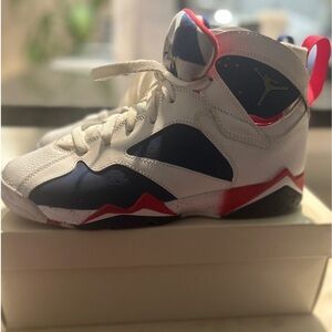 Red white and blue Air Jordan 7 retro sneakers